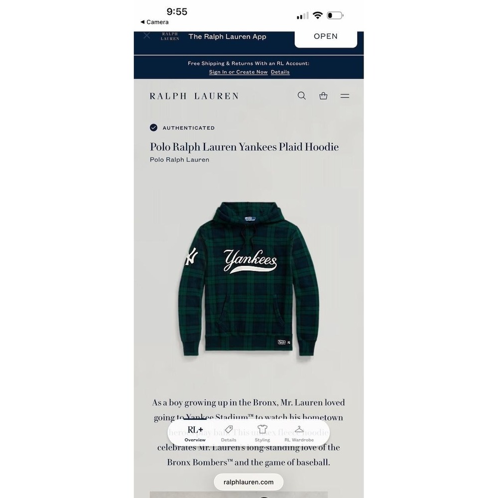 Polo Ralph Lauren Yankees Hoodie Mens Medium Green Plaid New York MLB Blackwatch - Picture 14 of 15